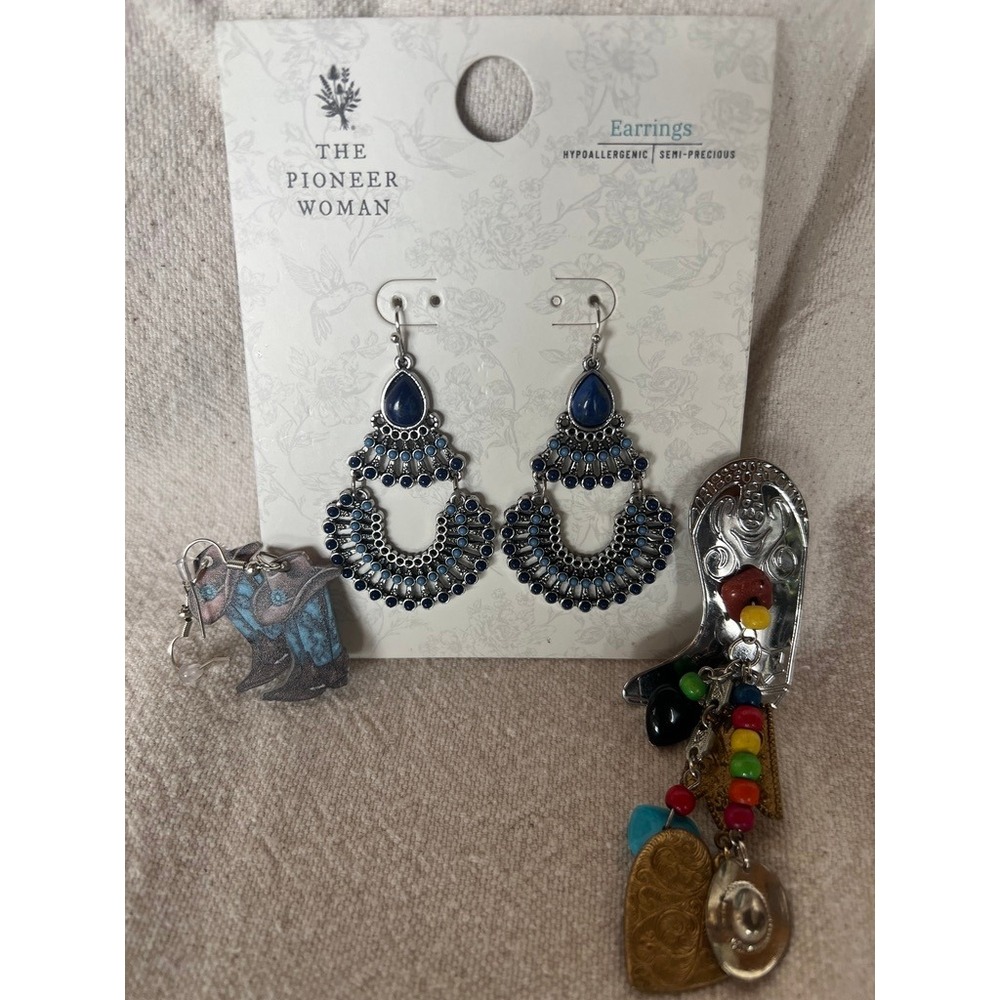 The Pioneer Woman Western Jewelry Lot OS Blue Silver Boot Earrings Charm Pin